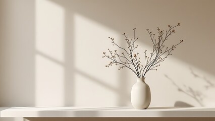 Minimalist interior design, white vases with bare branches, soft sunlight casting shadows, beige background, neutral tones, zen aesthetic, clean lines, peaceful atmosphere, shadow play, simple eleganc