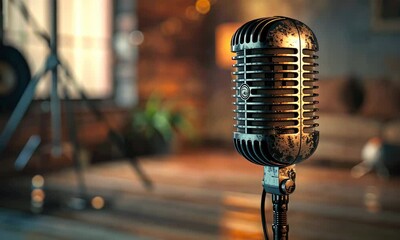 Vintage microphone in cozy, dimly lit room with warm ambiance and bokeh lights