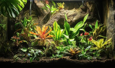 Obraz premium Lush tropical plants thrive in terrarium.