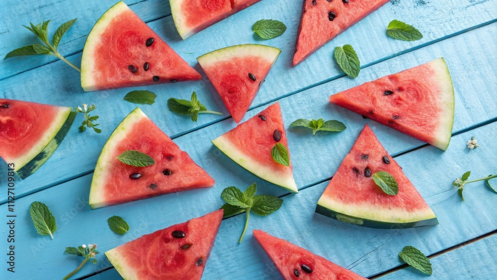 Poster watermelon slices arranged on a blue wooden surface, interspersed with sprigs of fresh mint and tiny