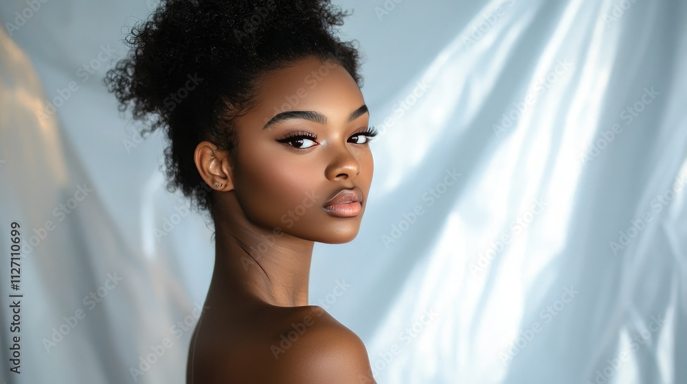 Poster model posing with backdrop in photo studio