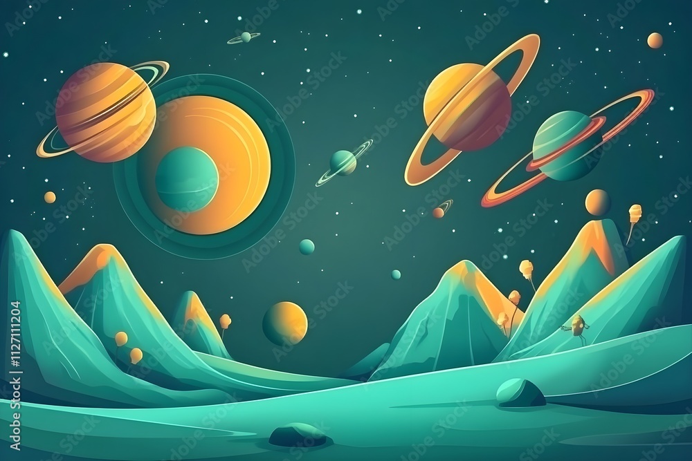 Wall mural explore the wonders of space with a detailed illustration of a rocket and celestial bodies, perfect 