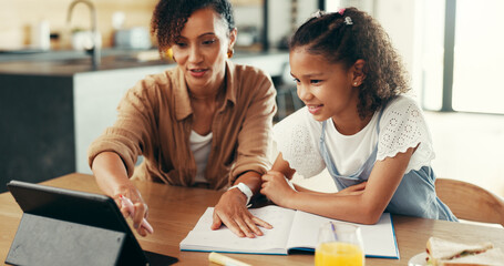 Girl, tablet and education with mom, help and e learning with notes, studying and online course....