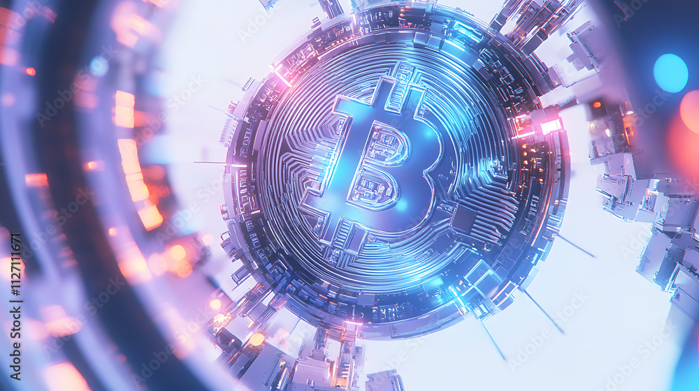 Poster decentralized finance trends exploring digital blockchain wallets in a futuristic urban environment