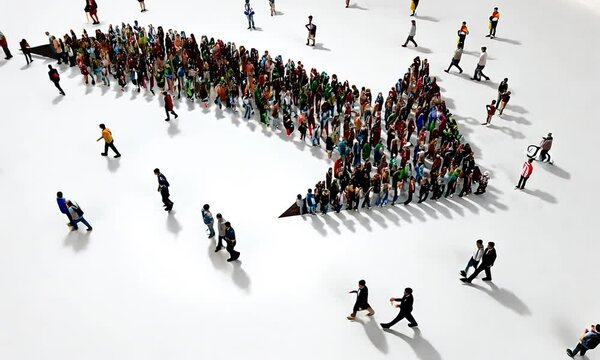 A lot of people form a sign. Arrow of people, top view. Concept - demographic crisis.