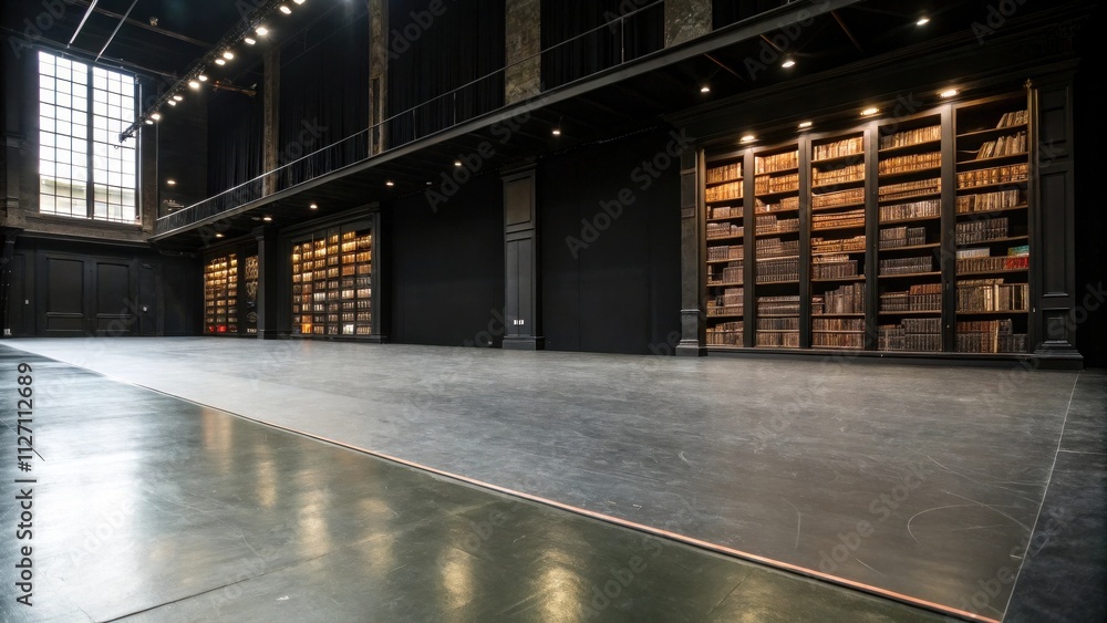 Poster A spacious interior with an expansive, empty floor, adorned with large black walls and rows of bookshelves filled with volumes, creating an inviting and mysterious ambiance.