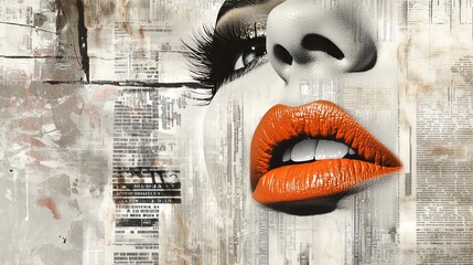 Close-up of a woman's face with bold orange lips and striking eyelashes, set against a textured background of newspaper clippings.