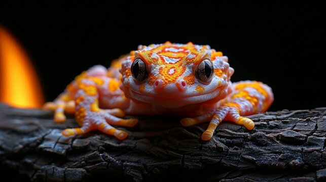 Gecko, Lizard, Reptile on Wood with Fire, Macro Photo of Orange, Yellow, and White Reptile Portrait