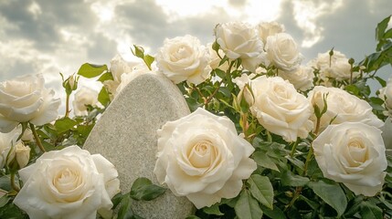 Obraz premium White roses blooming around gravestone under cloudy sky