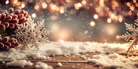 Abstract New Year background with fir branches, cones, snow with a dark yellow background