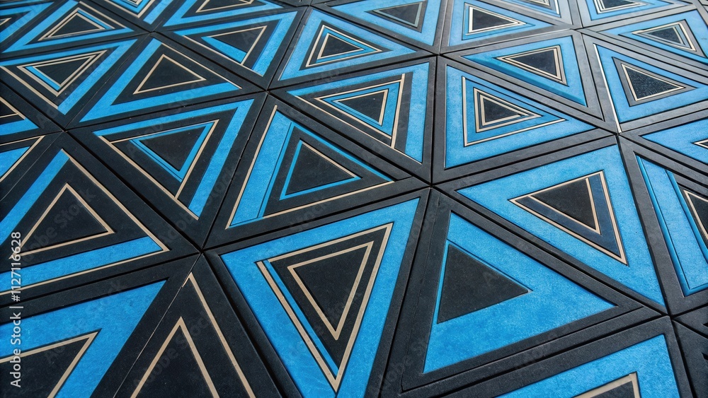 Poster abstract geometric pattern of interlocking triangles in blue, black, and beige tones
