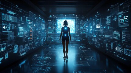 A silhouetted female figure stands in a futuristic hallway filled with glowing technological screens and data, embodying themes of innovation and the future.