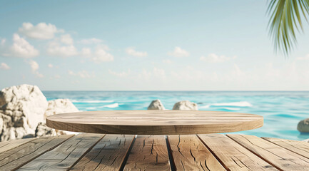 Obraz premium Wooden table with a round wooden tray on a tropical beach with turquoise water, palm trees, and rocks, creating a serene vacation atmosphere, perfect for summer travel themes
