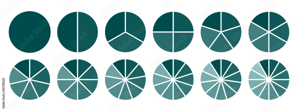 Poster circles divided diagram 3, 10, 7, graph icon pie shape section chart. segment circle round vector 6,