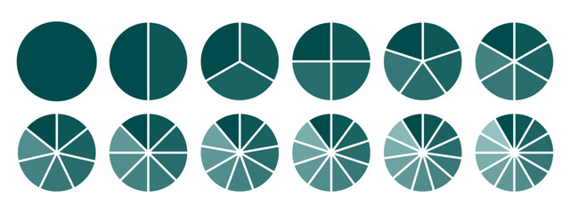 Circles divided diagram 3, 10, 7, graph icon pie shape section chart. Segment circle round vector 6, 9 devide infographic.	