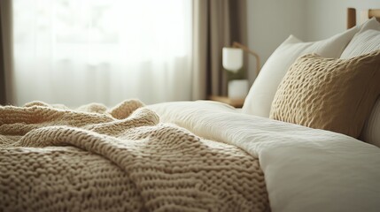 Cozy bedroom with warm knitted blanket and pillows.
