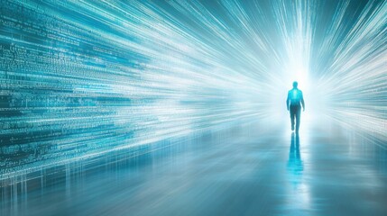 A solitary figure walks through a tunnel of light and data. The scene embodies innovation, technology, and the digital future of humanity.