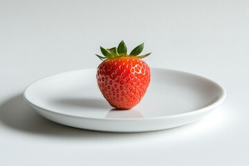 A single, ripe strawberry sits on a plain white plate against a white background.