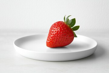 A single, ripe strawberry sits on a minimalist white plate, showcasing its vibrant red color and fresh green leaves.