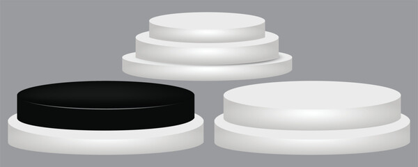Set of realistic stage podium or pedestals for winner award announcement and celebrating. White empty stages podium scene, blank product presentation stands.