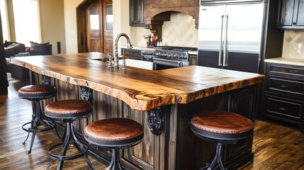 Stylish kitchen with wooden bar and stools.