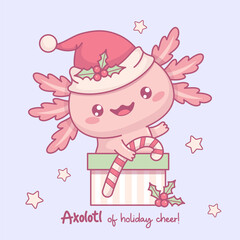 Cute happy Christmas Axolotl in festive gift box. Little cartoon pink kawaii character in Santa hat with striped caramel candy. Vector illustration. New Year funny postcard. Kids collection