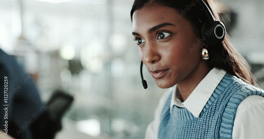 Poster Call center, consulting and face of Indian woman with headset in support office for customer service. Contact us, feedback and problem solving with person in workplace for advice or virtual help