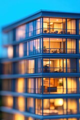 Illuminated Modern Office Building with Reflective Glass Windows at Dusk