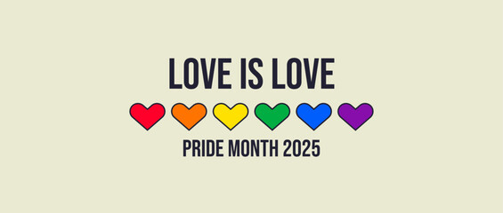 Pride Month banner, Pride Flag colors with heart shape. LGBTQ Rainbow flag with Pride Month 2025