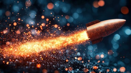 A digitally created image of a rocket launching into space against a shimmering cosmic background filled with bright particles.