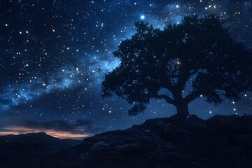 A dark night with stars shining and the Milky Way shining blue, a landscape with the silhouette of a large tree on a rugged hill.