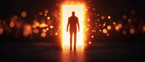 A silhouetted figure stands before a glowing door, surrounded by sparkling light, symbolizing opportunity and transformation.
