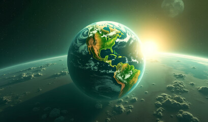 Obraz premium the model of the planet Earth with forests and seas among in space against the background of the sun , the concept of environmental protection and peace