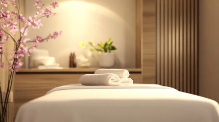 Fototapeta premium Empty massage room with soft lighting and minimalist decor. Tranquility and relaxation in a serene environment, inviting moments of peace and self-care