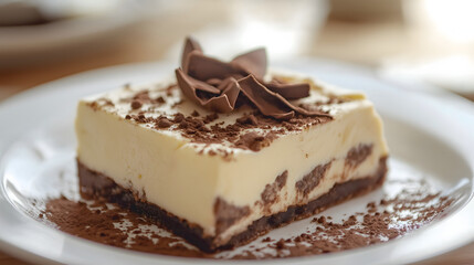 Delicious Tiramisu Cheesecake Slice with Chocolate Shavings