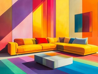Yellow sectional sofa, colorful walls, striped rug, modern coffee table.