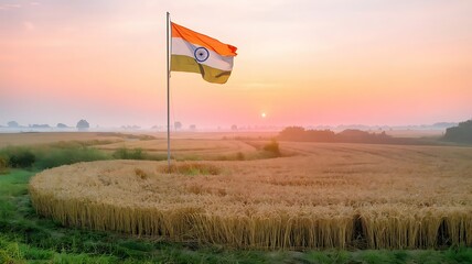 Indian Flag Waves Over Golden Wheat Field At Sunrise