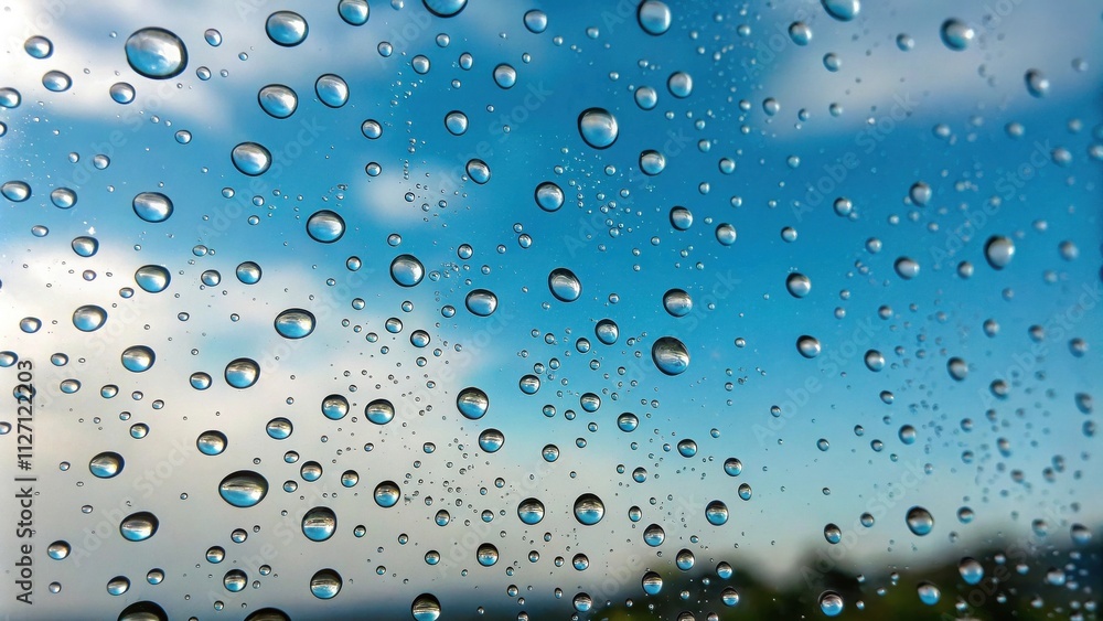 Poster a close-up view of water droplets on a clear surface with a blurred blue sky and white clouds in the