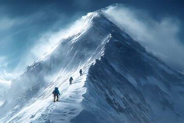 A photo of mountaineers carrying backpacks climbing a high, snow-covered mountain lined up in a gust of wind.