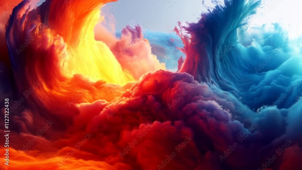 Poster vivid abstract waves blending fiery orange and serene blue tones, creating a dynamic 3d design symbo