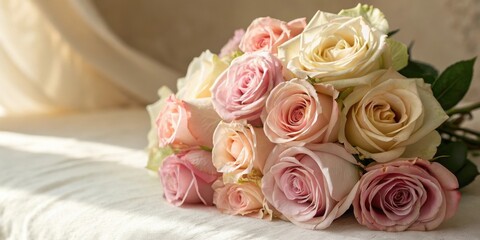 Obraz premium A bouquet of blush pink and cream roses on a delicate white background, capturing the soft beauty of nature's artistry