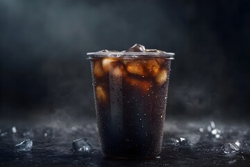 Photo of Iced Americano filled with ice and black coffee in a transparent take-out plastic coffee cup on a black background