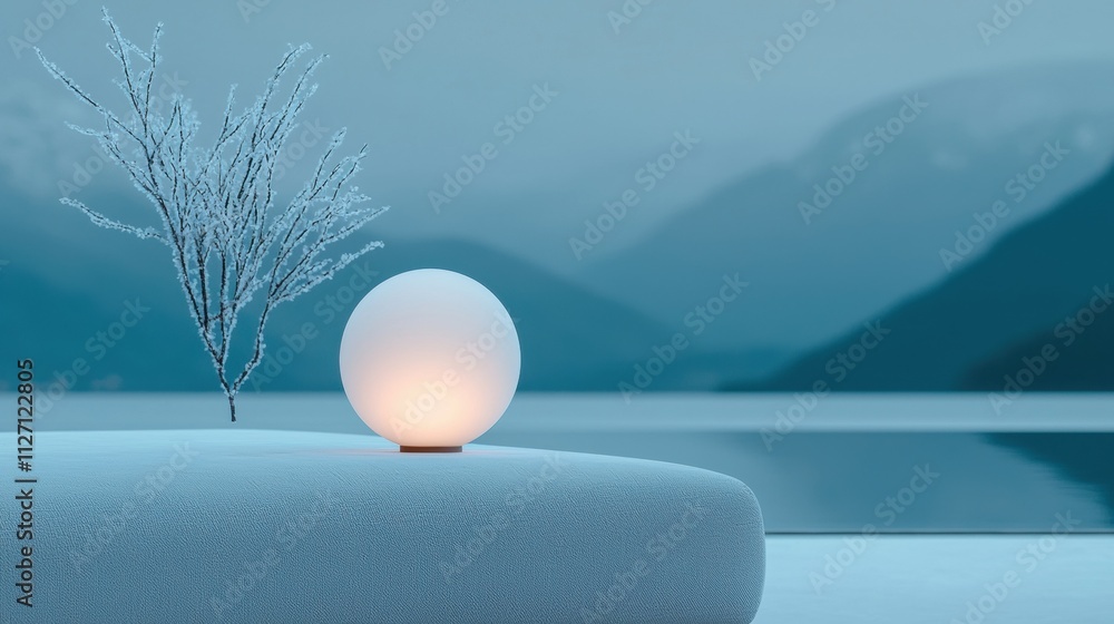 Poster white sphere-shaped lamp on a blue surface with a small tree on the left side. the background is a b
