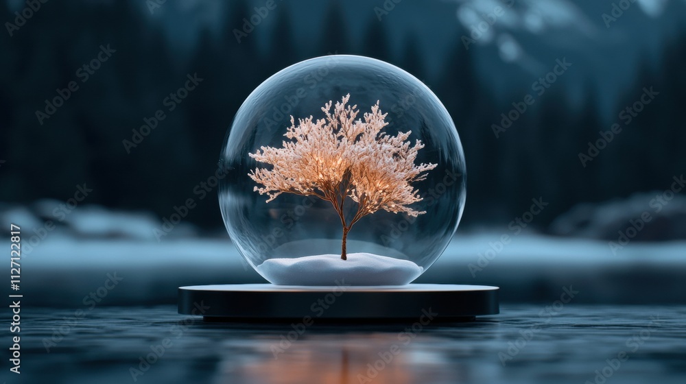 Poster photograph of a snow globe with a small tree inside. the snow globe is placed on a black circular ba