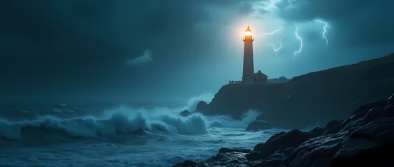 A lone lighthouse stands on a jagged cliff, waves crash against the rocks, lightning lights up the stormy sky