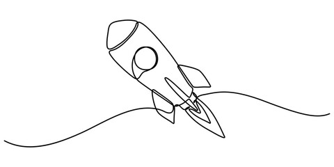 Obraz premium Continuous Line Drawing of Spaceship Icon. Hand Drawn Symbol Vector Illustration, Continuous one line drawing of rocket ship launch. One line drawing illustration of rocket. Space ship concept. 