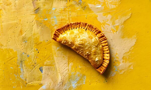 Golden-brown fried empanada on vibrant yellow surface