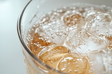 Close-up of a refreshing iced beverage with carbonation and ice cubes.