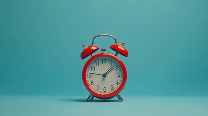 Red vintage alarm clock on light blue color background