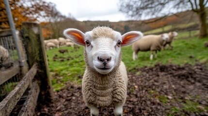 Naklejka premium Close up of a curious sheep in a meadow
